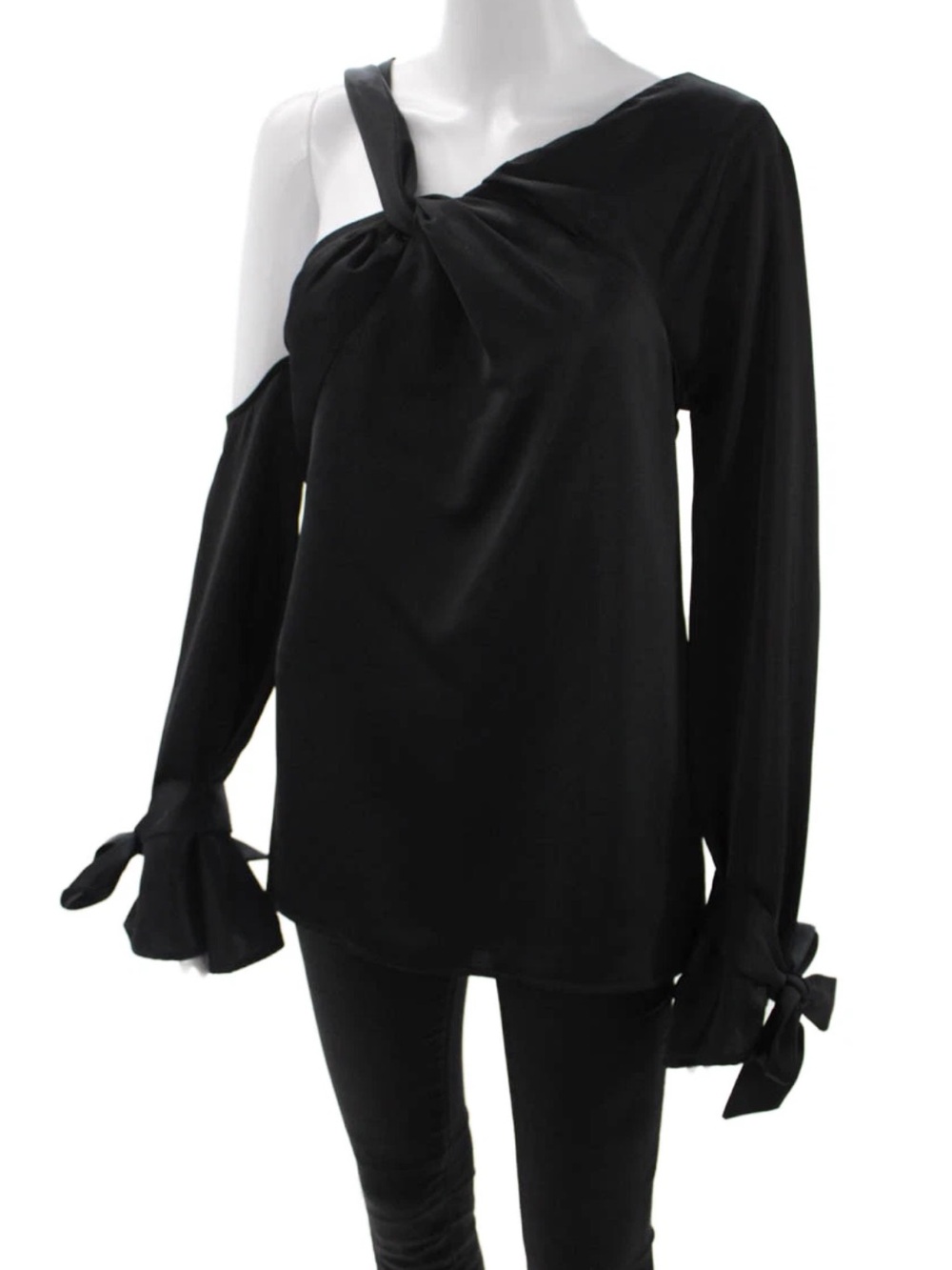 C/MEO collective black satin drapey  asymmetrical blouse tie sleeves sz xxs